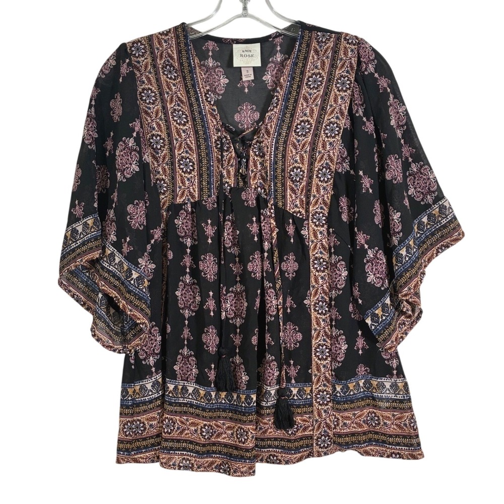 Knox Rose Black Pink Floral Medallion Boho Lace Up Tassel Blouse Small